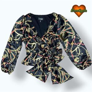Meraki Black Baroque Satin Wrap Tie Top Chain Print Blouse - NWT Women's Small